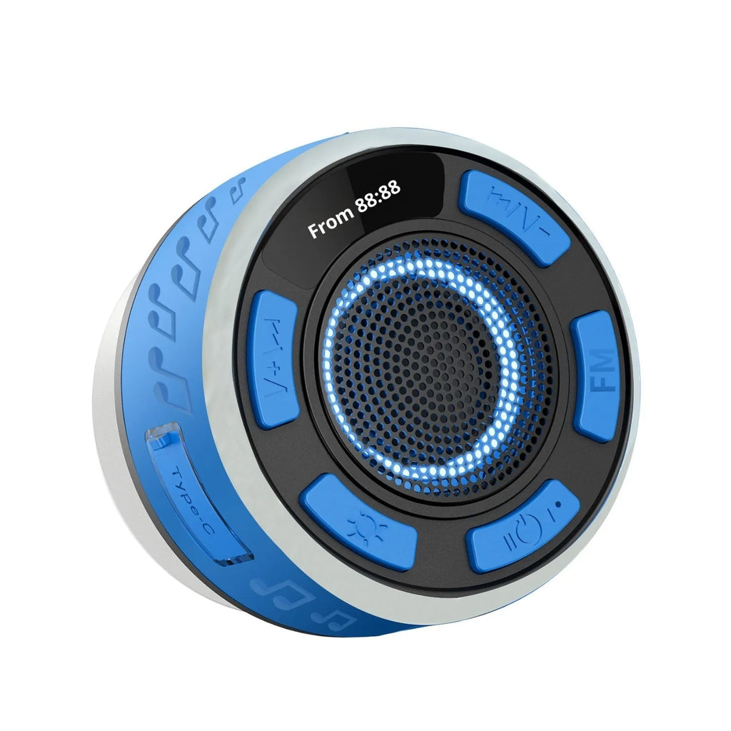 Waterproof Bluetooth speaker with large suction cup in black for bathroom or car use