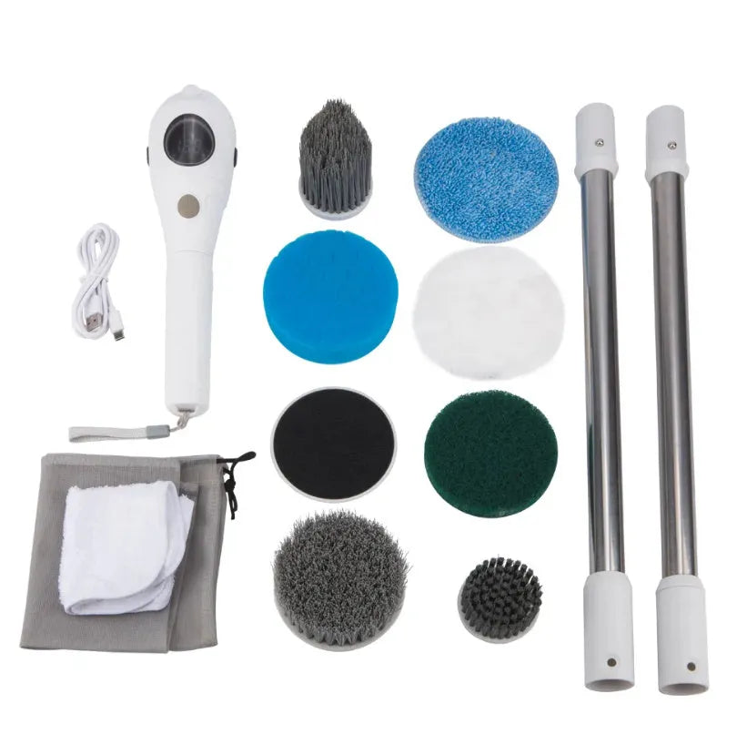 White rechargeable handheld cleaning ball with multiple power adapters and cleaning brush