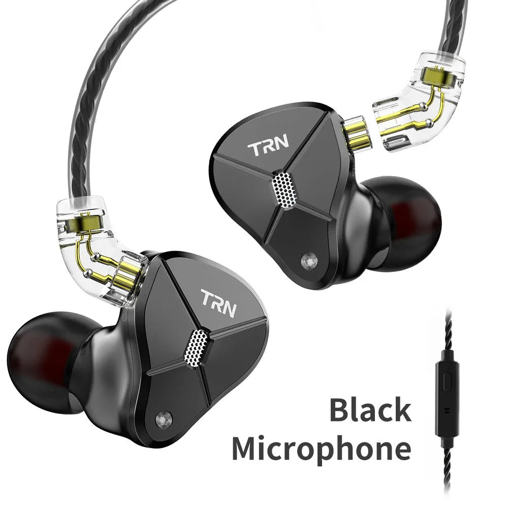 Black in-ear mobile phone headset with 3.5mm straight plug and optional microphone attachment