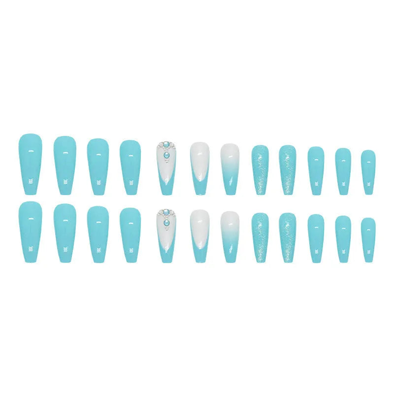 Long ballet-shaped false nails with blue diamond glitter, includes glue.