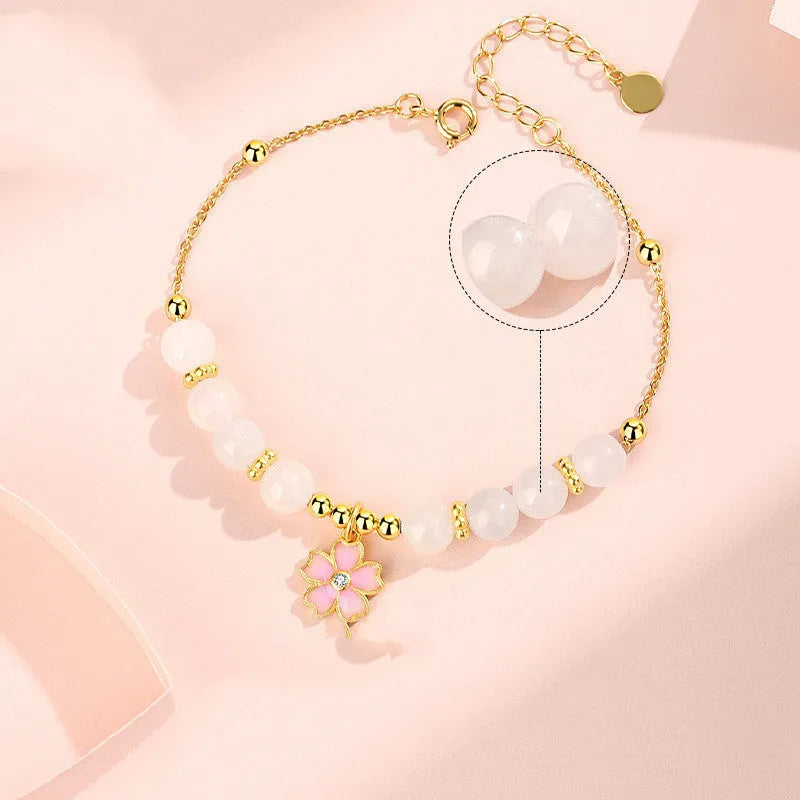 Pink S925 silver bracelet with gradient epoxy cherry blossom pendant and Hetian jade beads