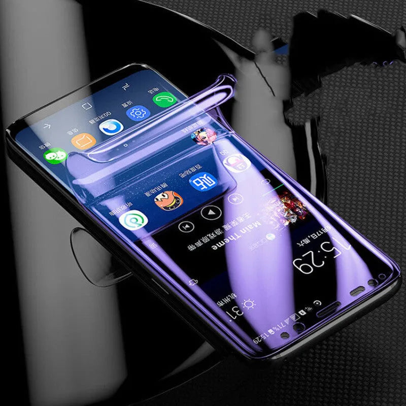 Samsung curved phone hydrogel screen protector in purple packaging with matte finish