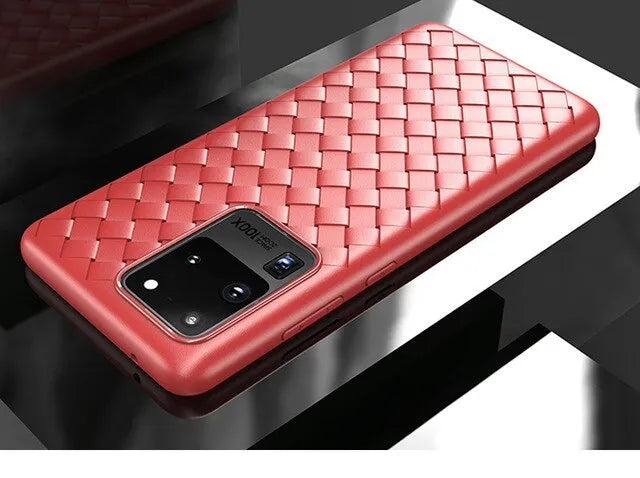 Woven TPU back cover phone case for Samsung Galaxy S20 and Note 10 models in solid colours.