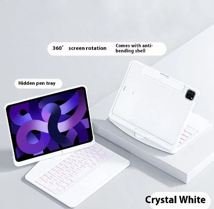 Versatile 360-degree swivel keyboard case with transparent backplate, scissor-style keys, and integrated trackpad for iPad