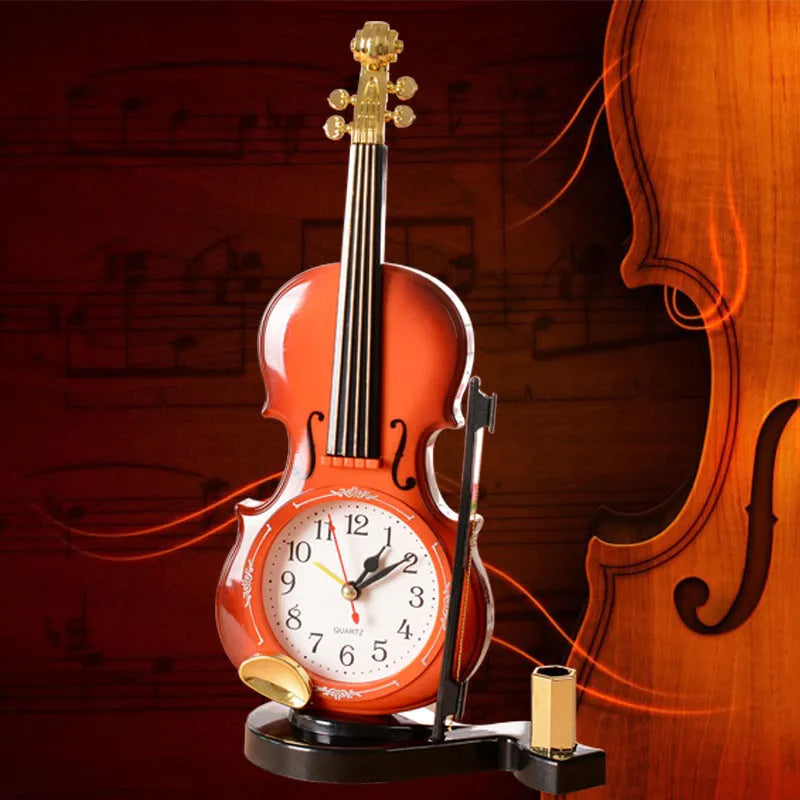 Brown violin pen inserted alarm clock with LED and pointer display, plastic body, 290 x 145 mm