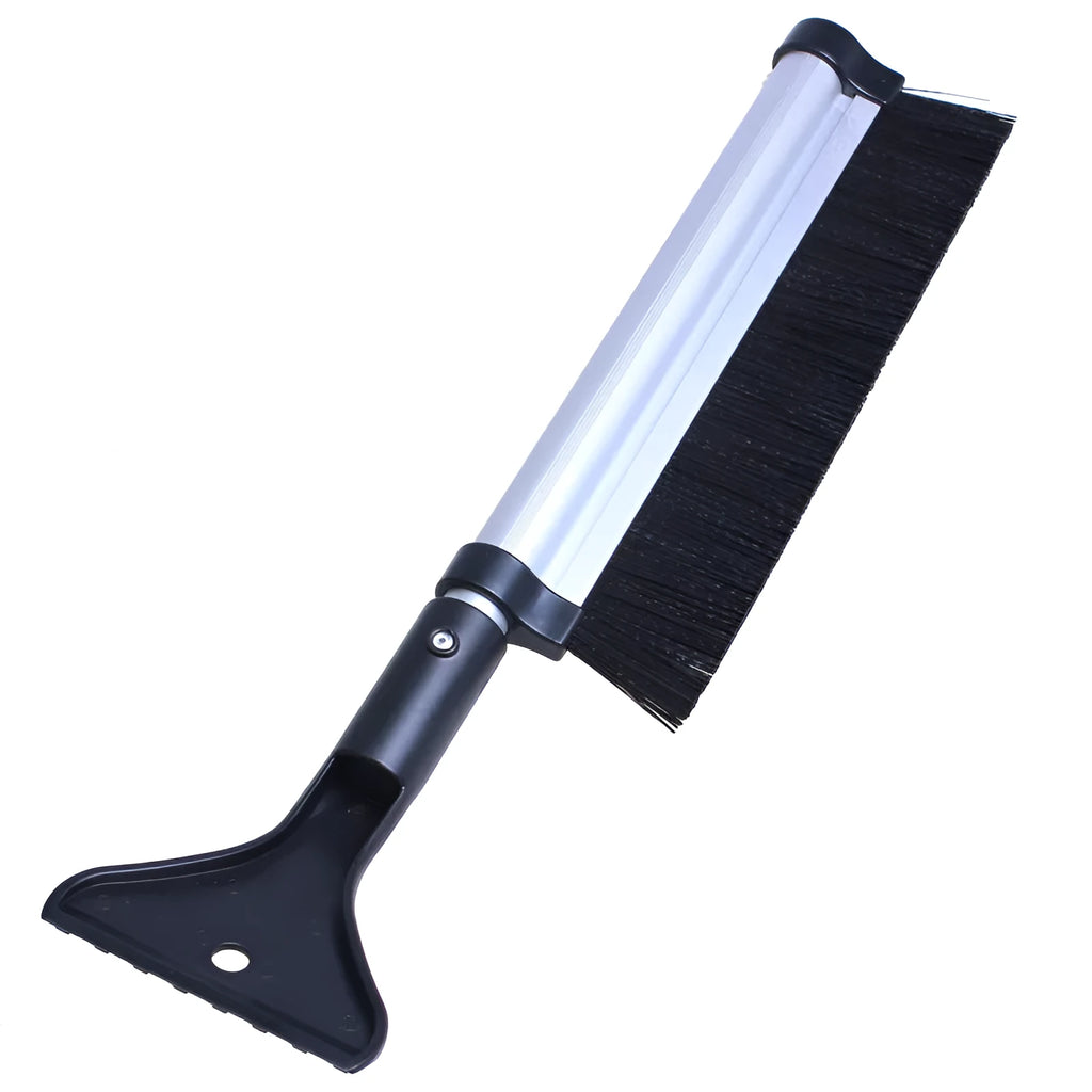 Silver telescopic snow brush and ice shovel on car windscreen, collapsed size 42.2cm, extended to 65cm