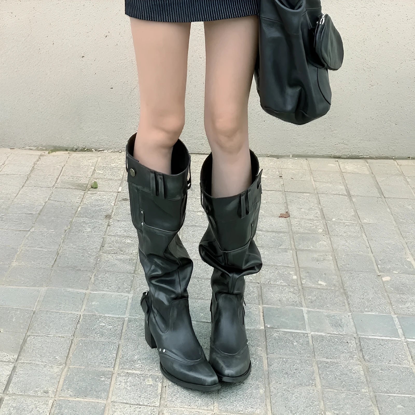 Black pointed toe chunky heel slimming pile style boots with leather lining and rubber sole
