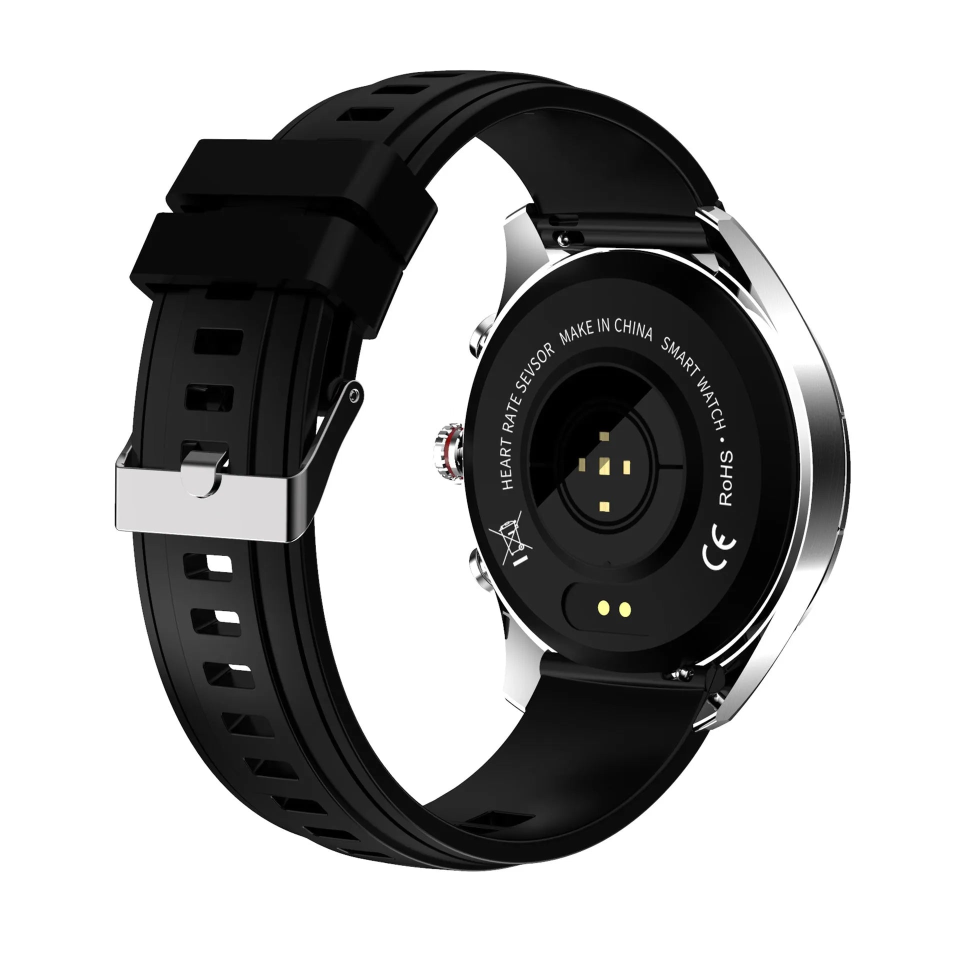 Men's smart bracelet watch with zinc alloy case and black silicone wristband, showing touch screen display.