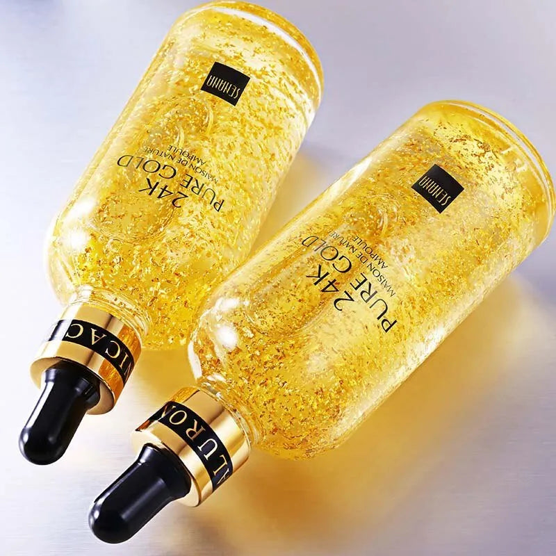 24K gold nicotinamide anti-aging facial essence in a glass bottle with three size options 15ml, 50ml, 100ml