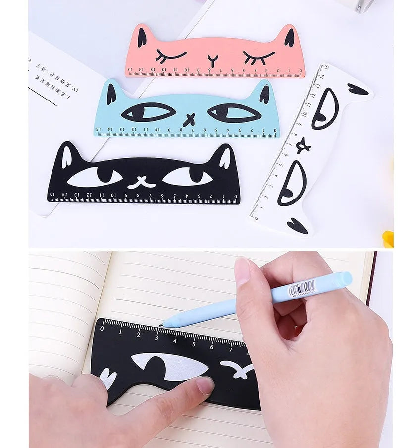Kawaii candy colour cat wooden ruler, approximately 13cm by 2.5cm, in black, blue, pink, or white.