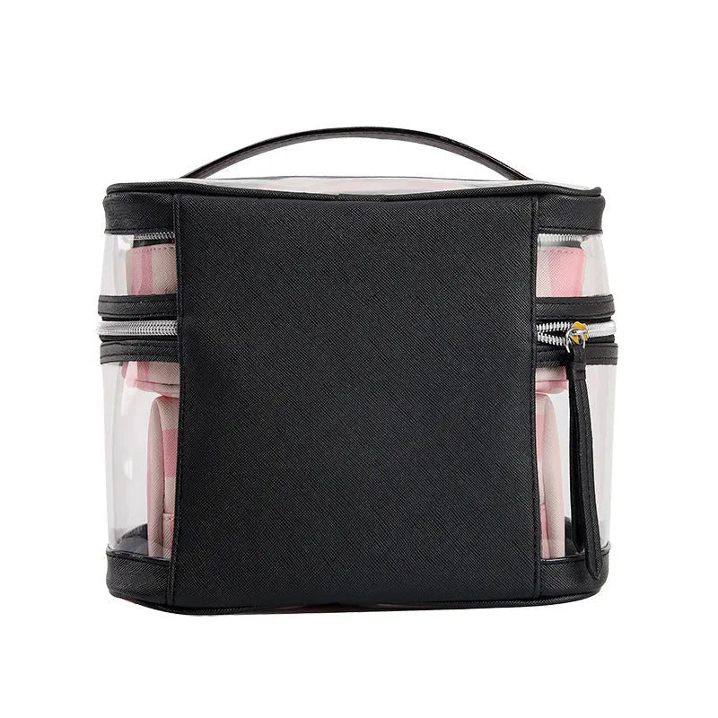 Pink bold stripe floral pattern buggy bag makeup kit with synthetic leather and waterproof lining