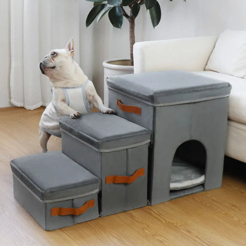 Grey foldable cloth dog stairs with 2 or 3 steps, 33cm wide, for small dogs at home