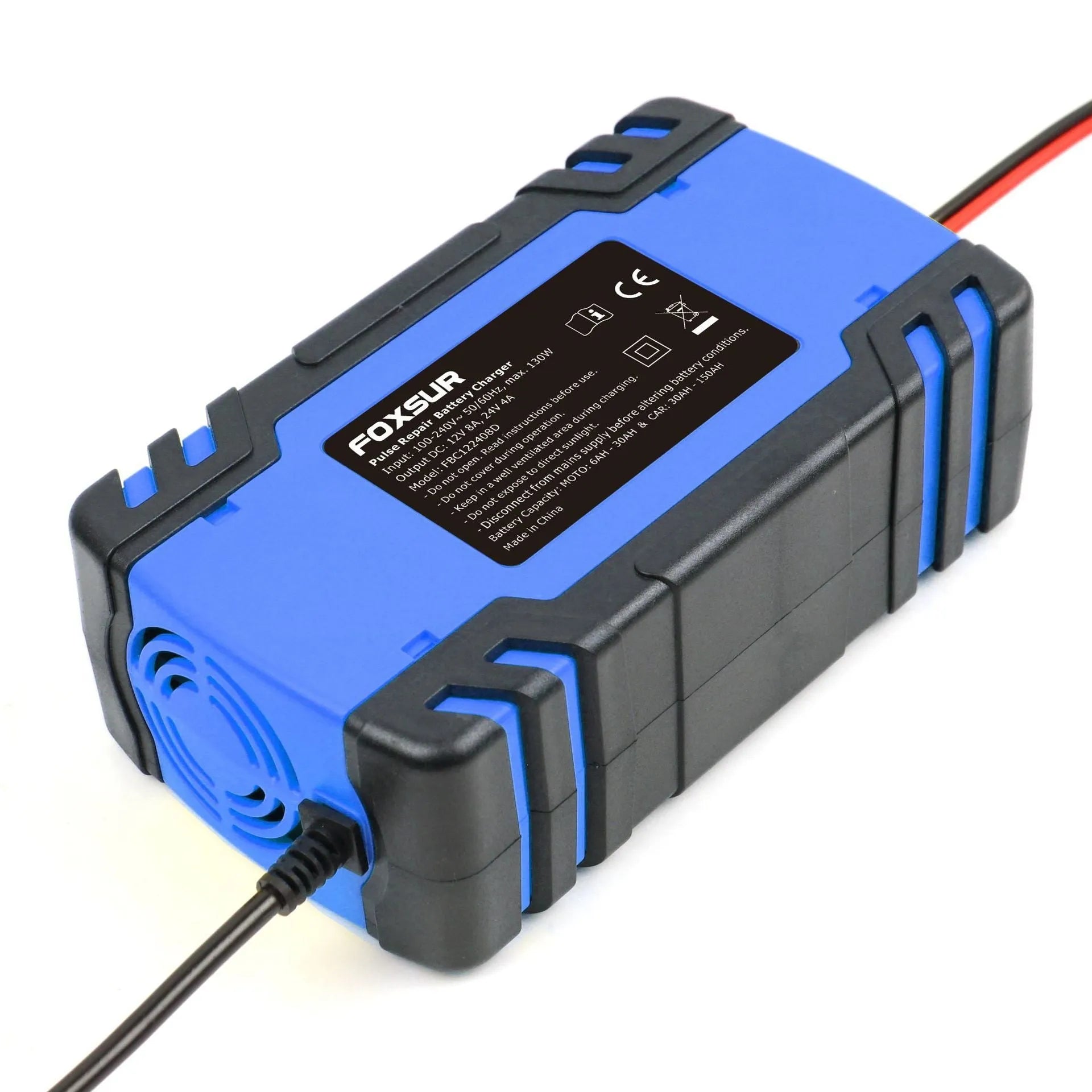 Blue universal smart battery charger for 12V 24V motorcycles cars trucks CE certified EU UK US plug