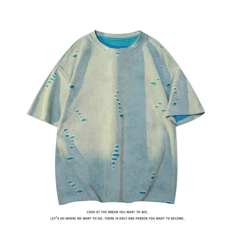 Men's loose fit ripped short sleeve cotton blend T-shirt in blue grey khaki colours