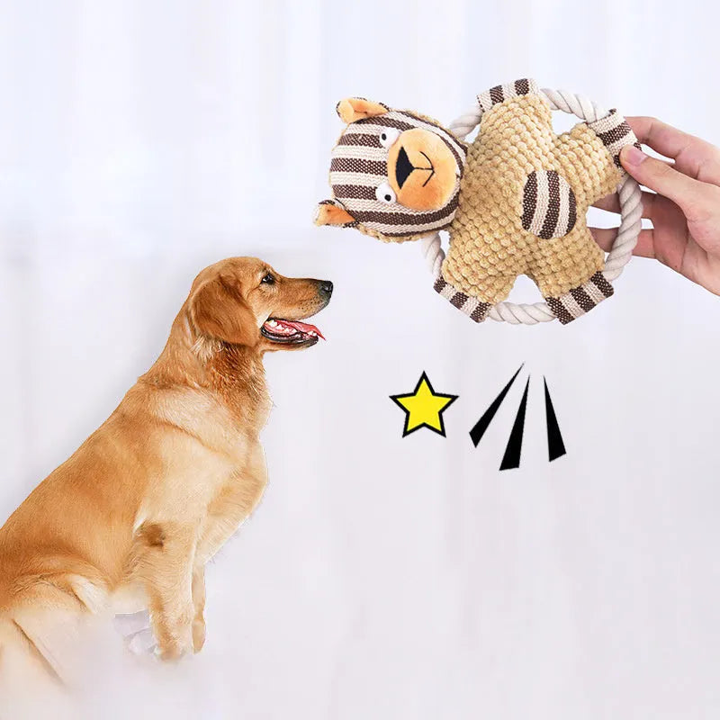 Pet cotton rope toy in bone shape with sound element and canvas covering for dog dental care