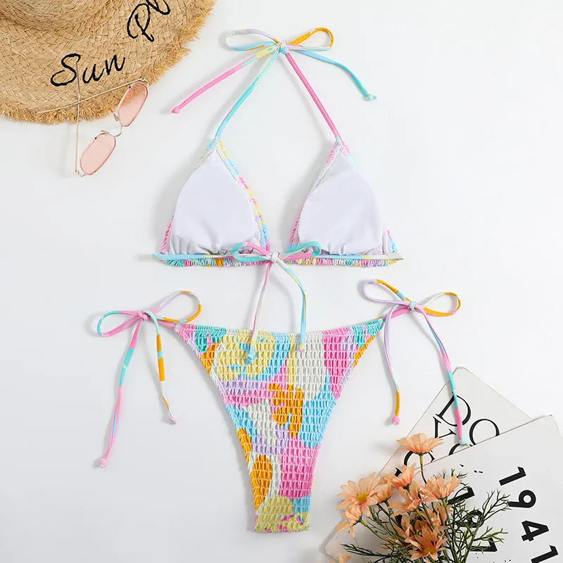 Women's triangle bag bikini with printed floral gradient pattern and smocking craft detailing