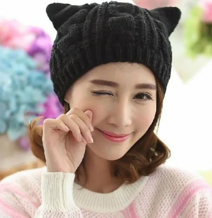 Hand made 3D cat ear knitted wool beanie in multiple colours for winter wear