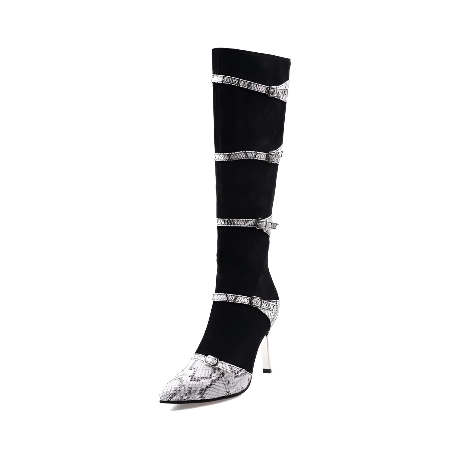 Grey and black women's knee high stiletto boots with a 9cm thin heel and velvet lining