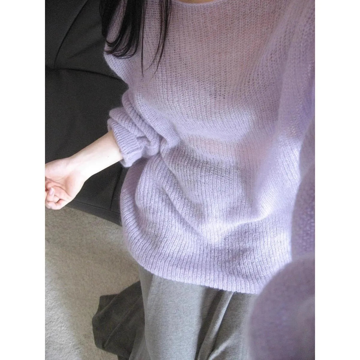 Purple women's blouse with hollow out design and princess sleeves made from ice silk fabric