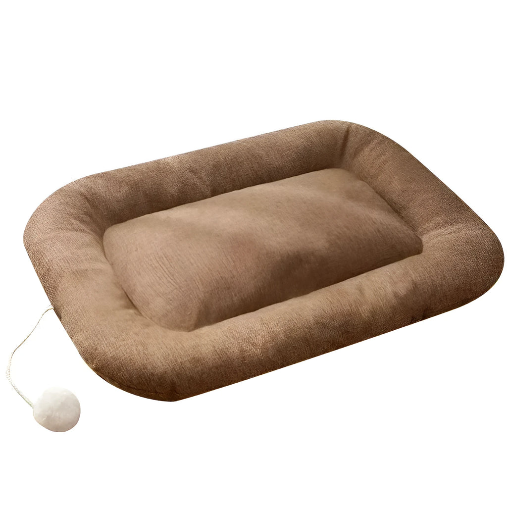 Brown cooling mat for small to medium-sized dogs in kennel setting with size dimensions shown