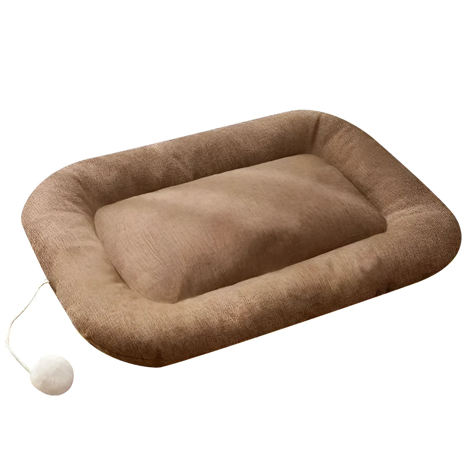 Brown cooling mat for small to medium-sized dogs in kennel setting with size dimensions shown