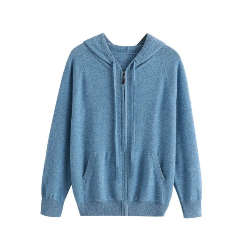 Men's grey hooded cashmere cardigan with full zip front and long sleeves