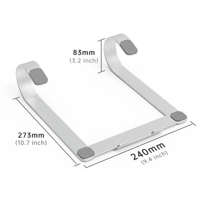Aluminium alloy laptop stand in silver colour with open-frame design for ventilation
