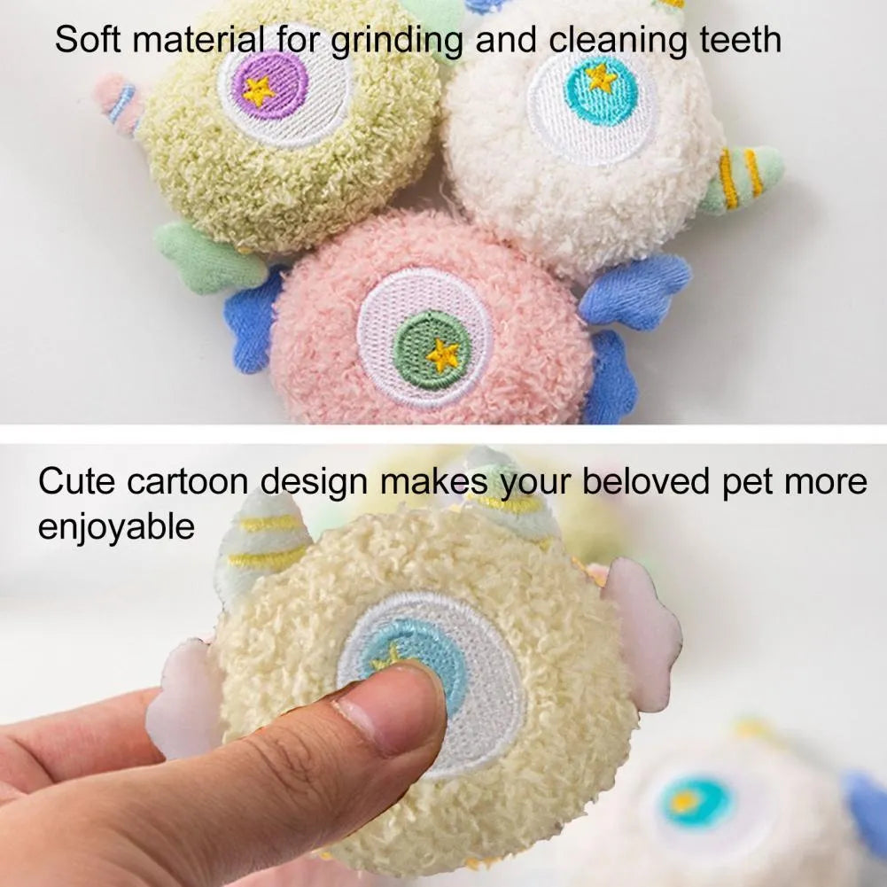 Cartoon-shaped plush dog toy with big eyes and built-in squeaker for interactive play
