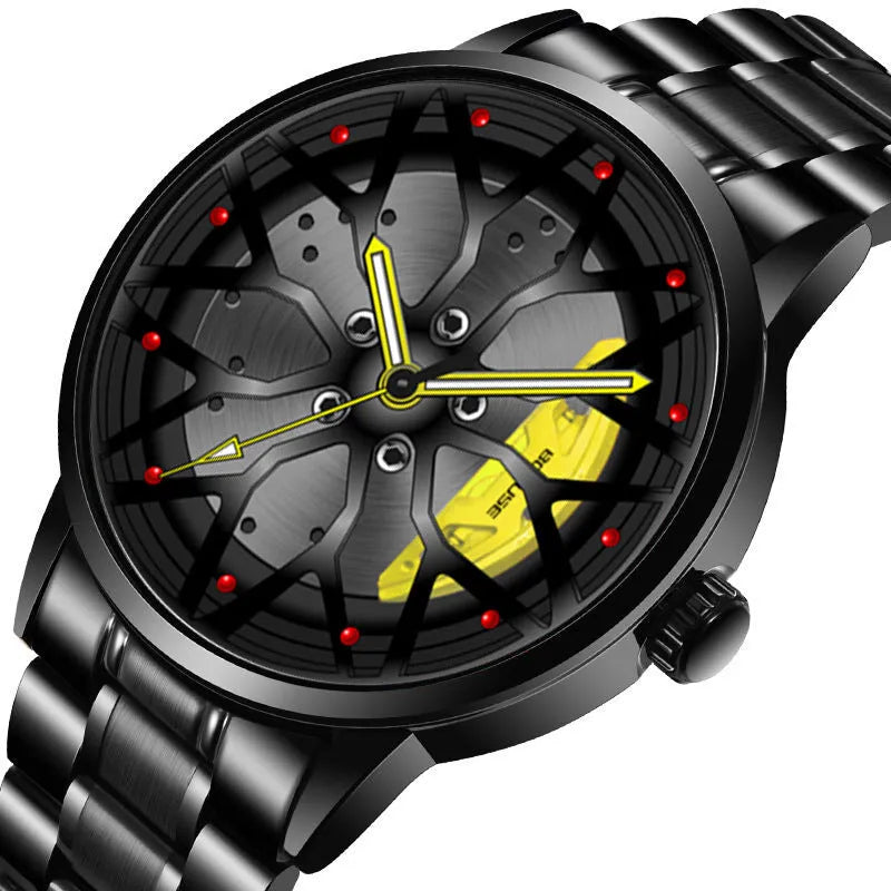 Men's waterproof luminous quartz watch with black steel red colour and 12mm stainless steel case on a white background