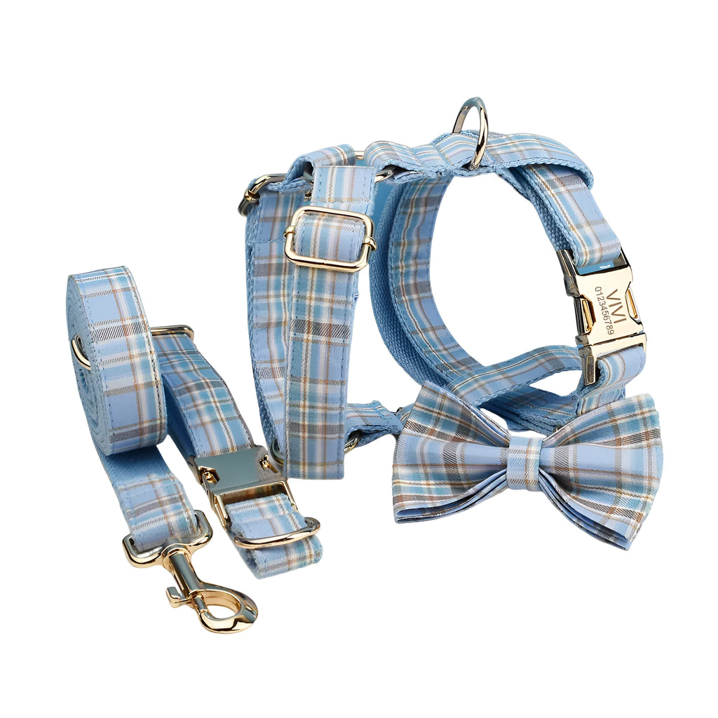 Sky blue grid forest pattern dog collar set with leash, bow, and vest for special occasions