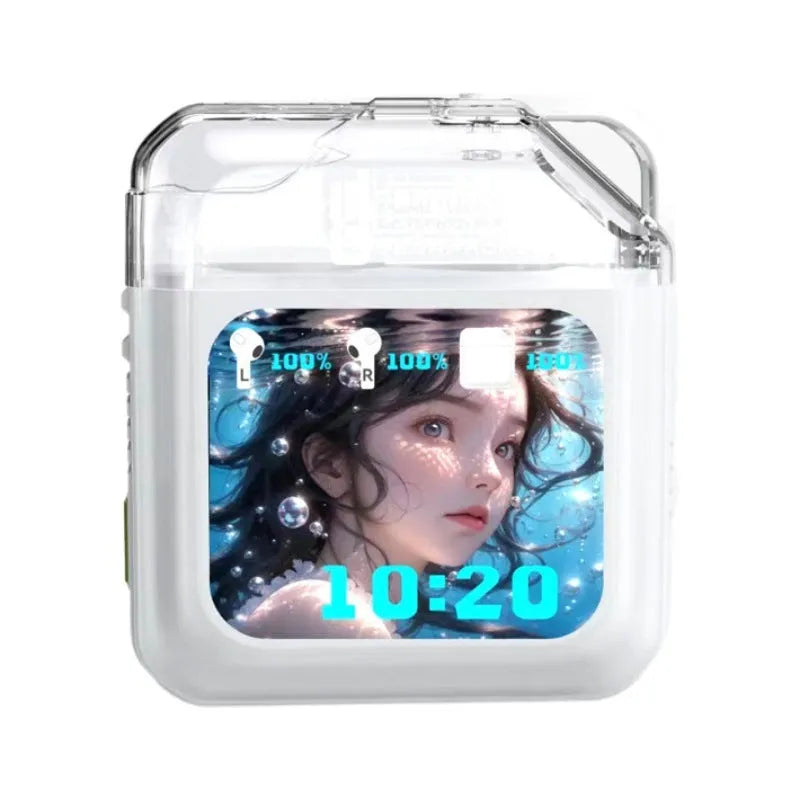 White and grey wireless in-ear Bluetooth headset with a small colour display screen on the earpiece.