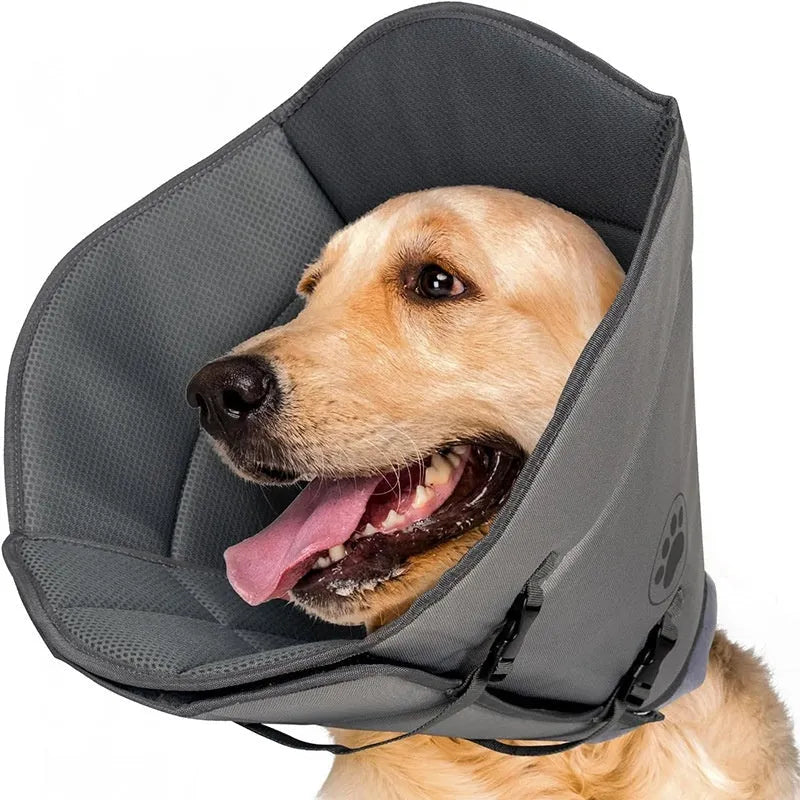 A soft, fabric pet sterilisation collar shown in an adjustable ring design.