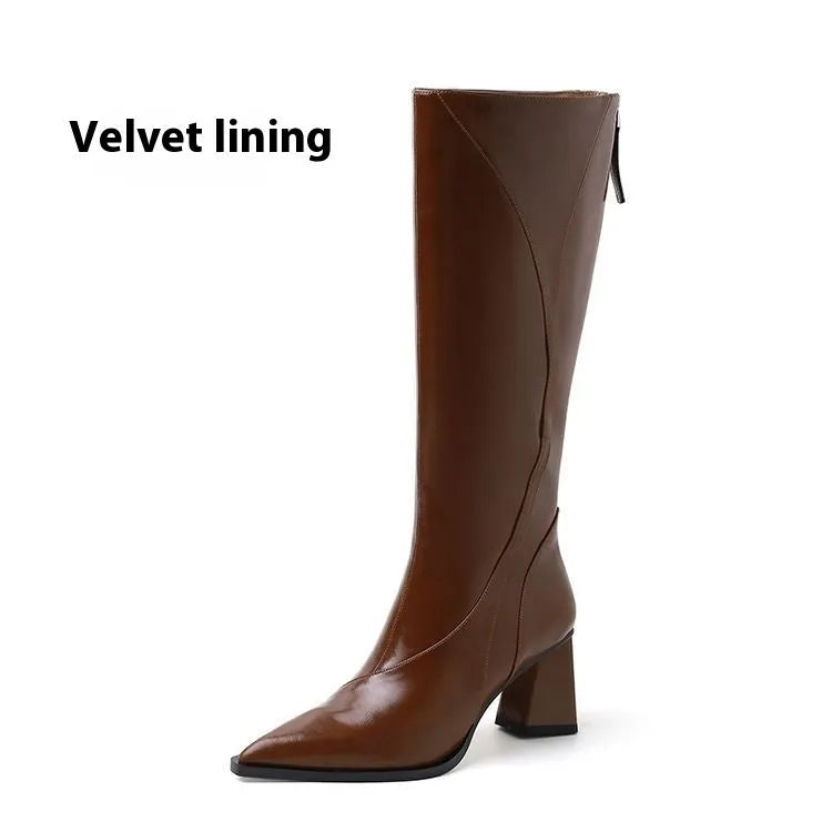 Retro Maillard tube high heel riding boots in cowhide leather with waterproof platform