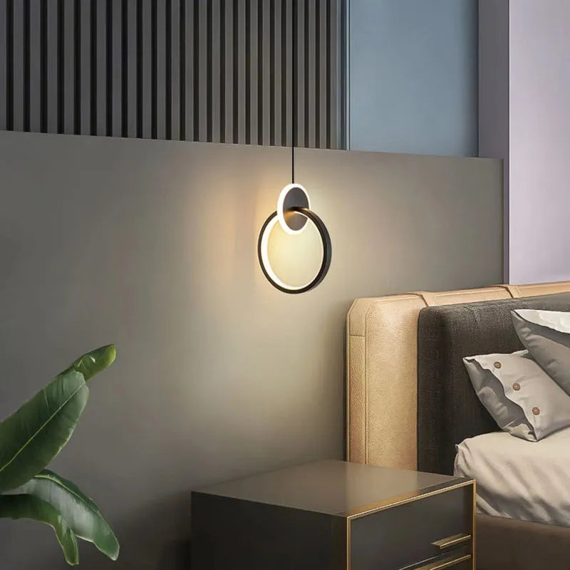 Nordic double ring pendant lamp in black with adjustable height for bedroom lighting