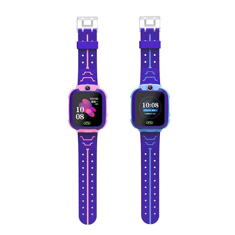 Blue children's GPS smartwatch with a colour touch screen on a silicone strap.
