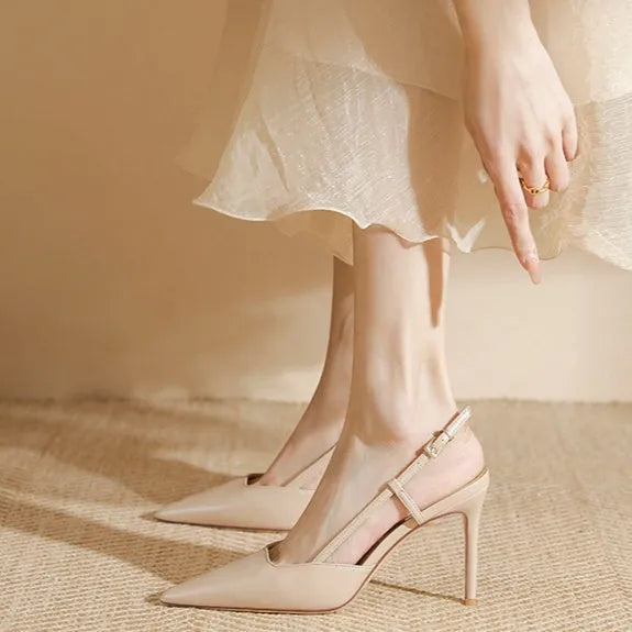 Women's apricot high-heeled sandals with single strap and buckle-toe closure