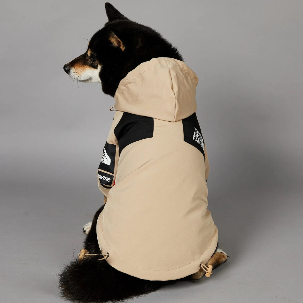 Khaki polyester dog shell jacket showing simple design for canine weather protection