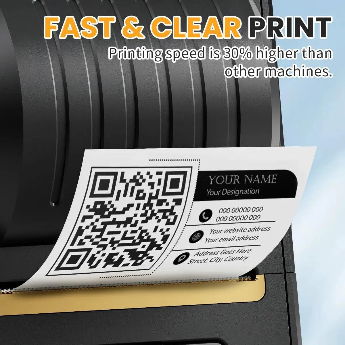 Black Bluetooth thermal label printer with 203DPI, 2000mAh battery, and 1 roll of 40x30mm labels