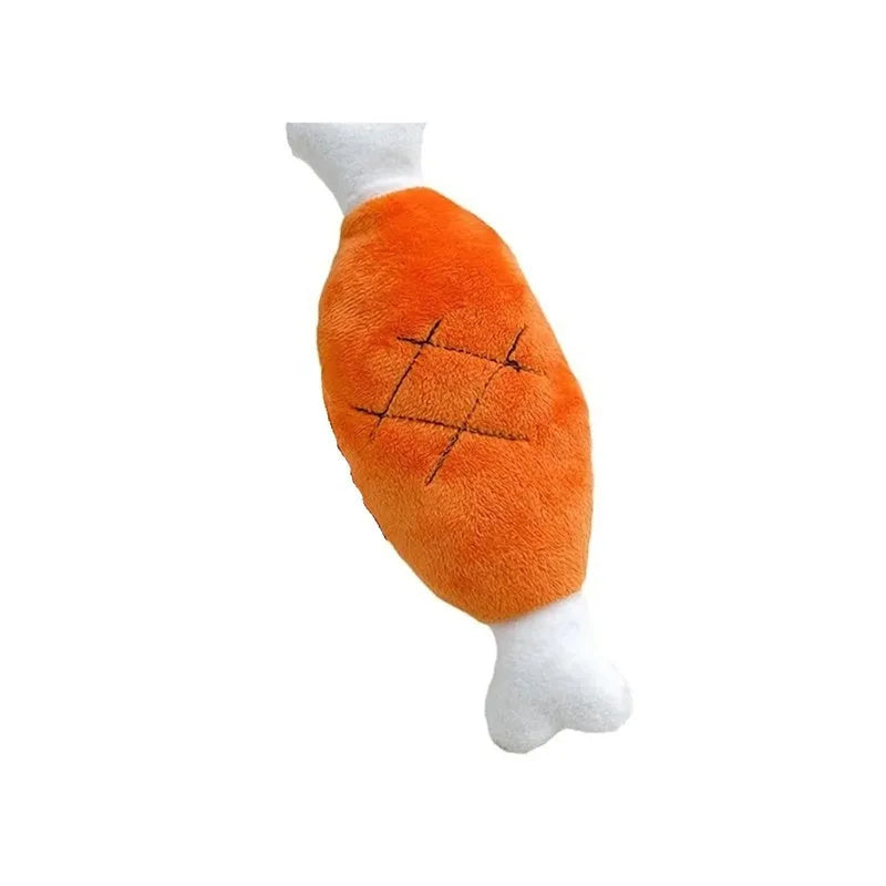Plush chicken leg dog chew toy with soft fabric, PP cotton filling and built-in squeak sac for small dogs