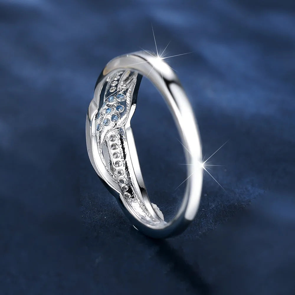 Copper geometric ring with sea blue diamond edge and white diamond leaf inlay, women's simple style