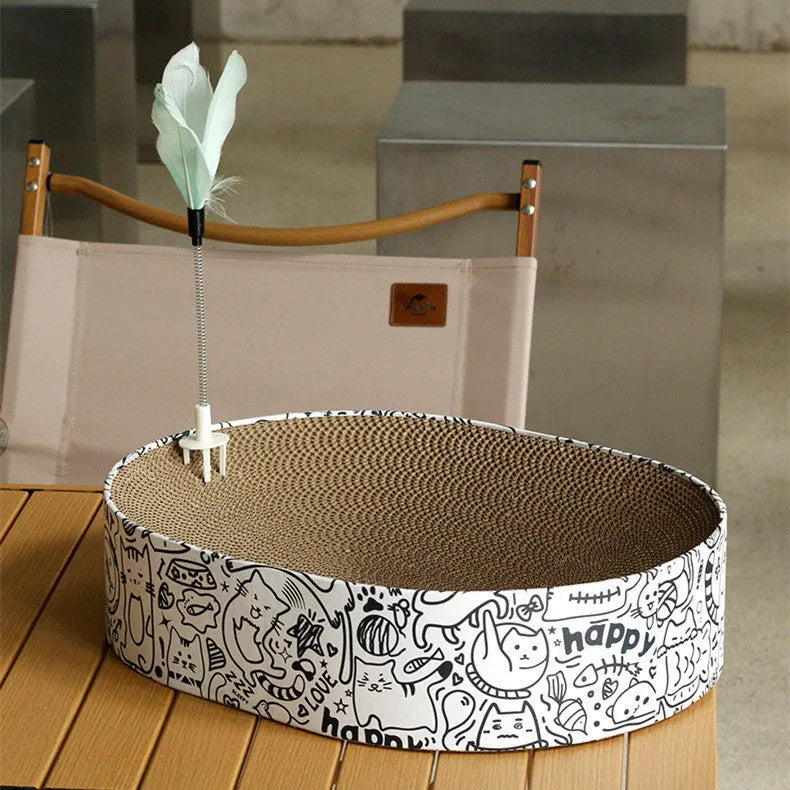 White oval corrugated paper cat scratch board nest, 33x43x10cm