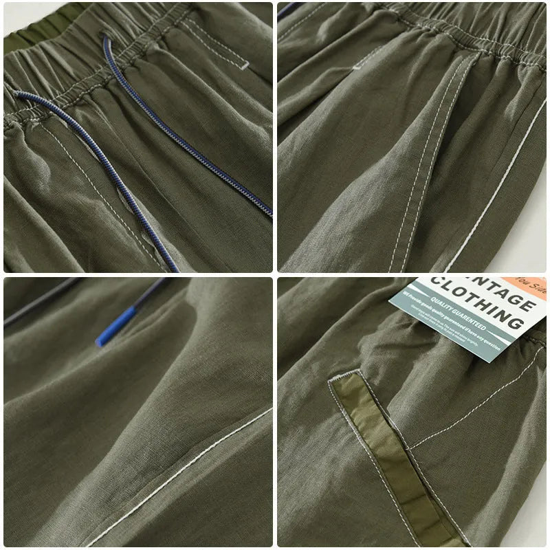 Men's green linen straight shorts with drawstring waist on hanger