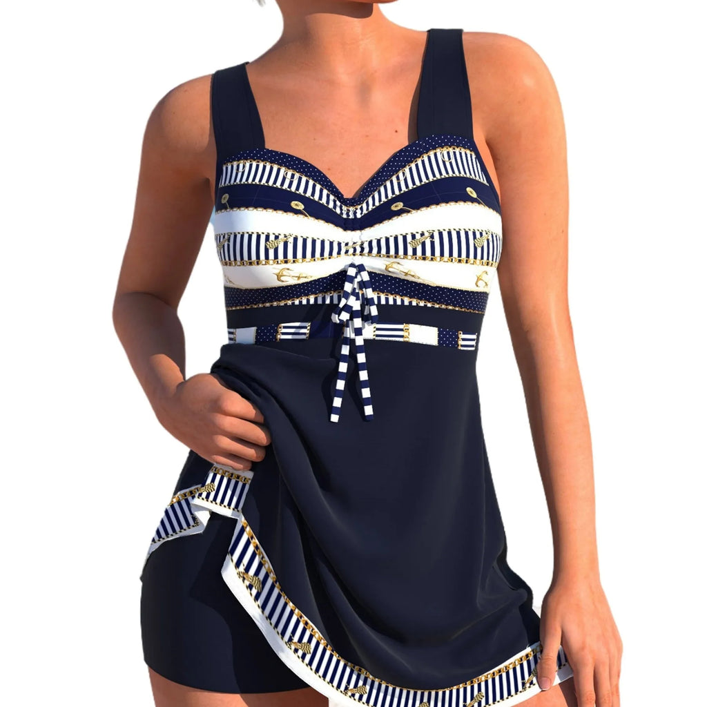 Plus size woman wearing a blue quick-dry split skirt bikini swimsuit on beach