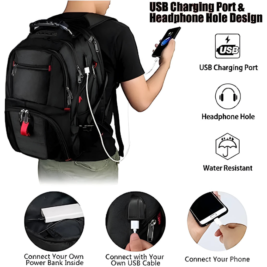 Large black USB backpack with curved shoulder straps, showing front compartment and charging port.