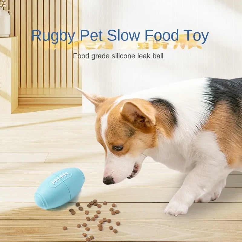 Blue silicone rugby ball dog toy with a hollow centre for holding treats.