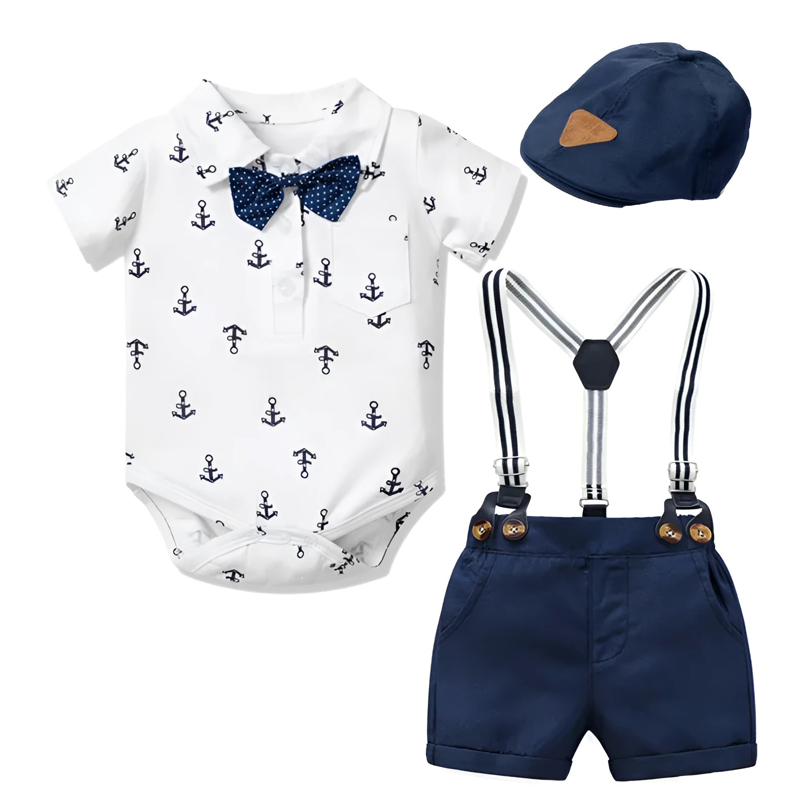 Blue cotton baby boy romper with gentleman print, short sleeves, and climbing style design.