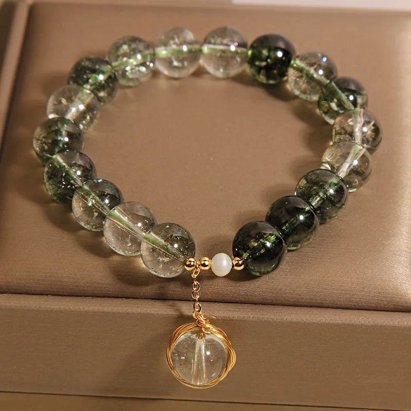 Natural green phantom quartz and chorite crystal bracelet for women in Japanese Korean style.
