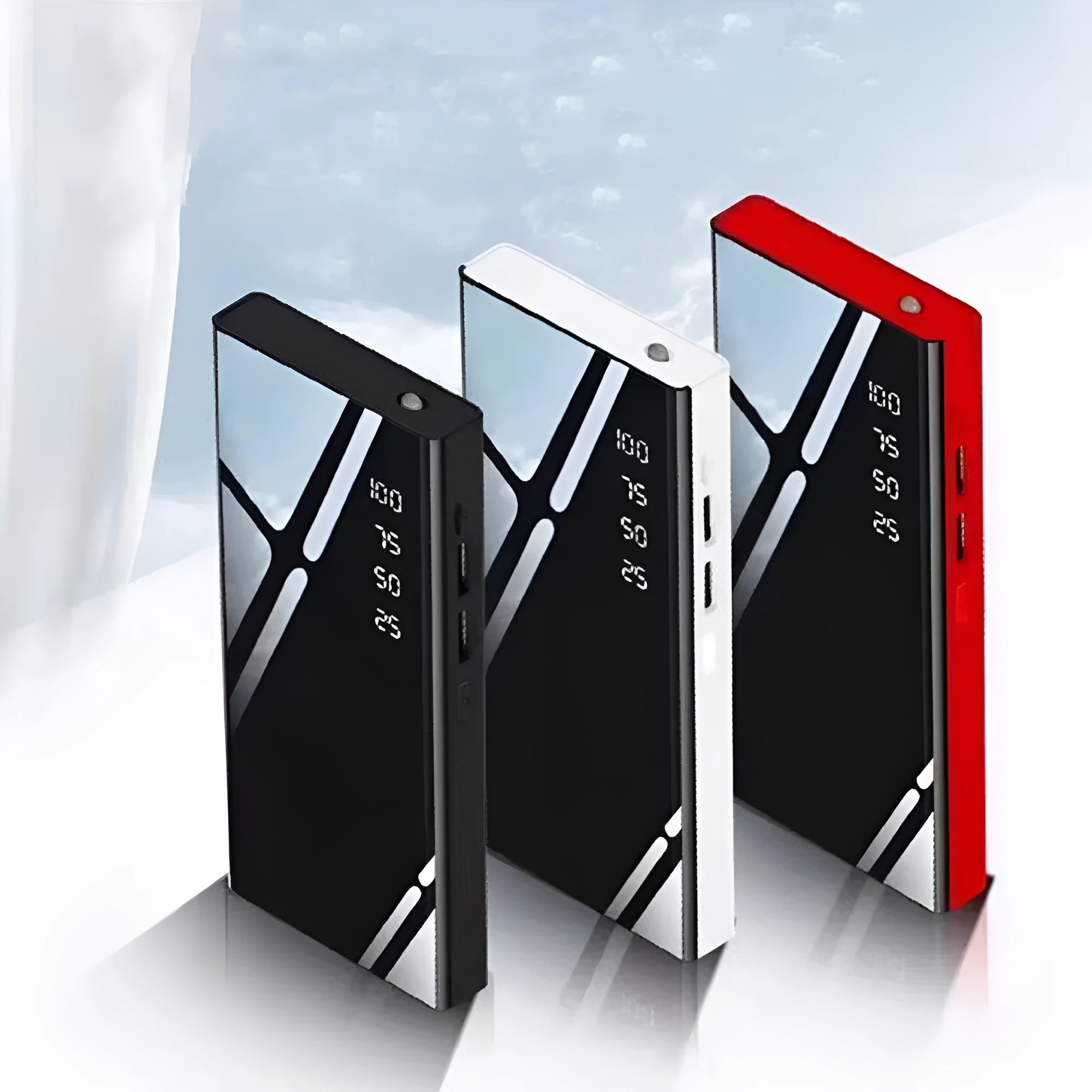 20000mAh power bank with LCD display showing battery percentage, dual USB ports, and LED light