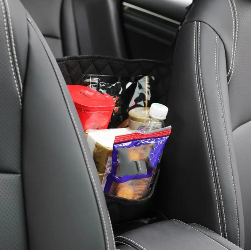 Black nylon mesh car seat storage net pocket, 27x39x10cm, universal fit between seats