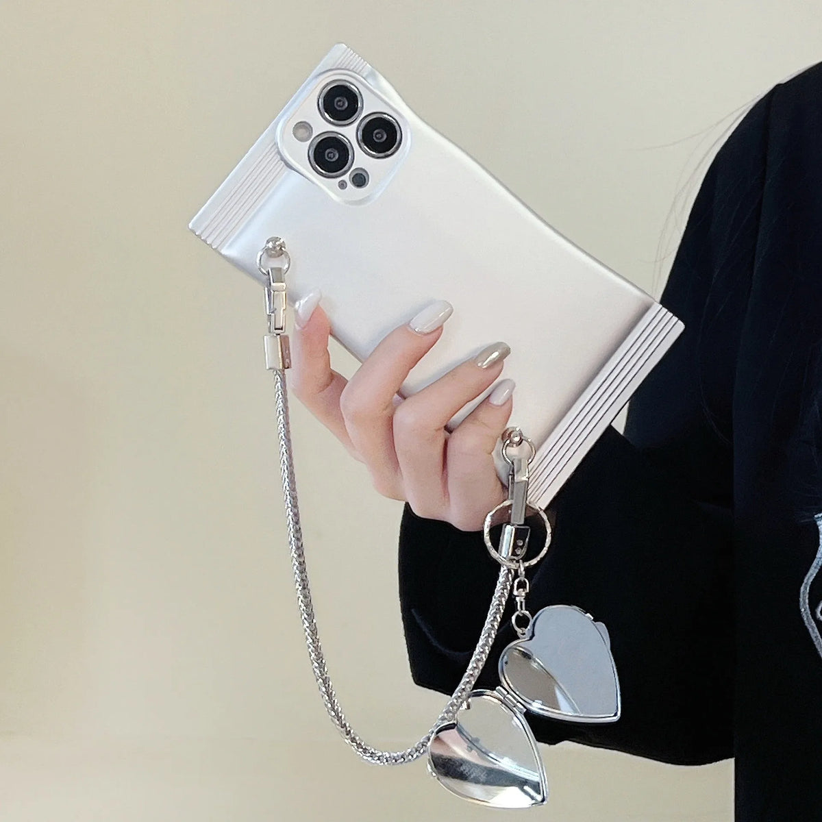 Electroplated silver TPU phone case for iPhone 14 and 13 with chain option